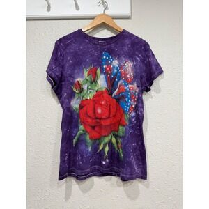 The Mountain Purple Tie Dye Rose Butterfly Rhinestone Patriotic Tee XL Y2K Fairy